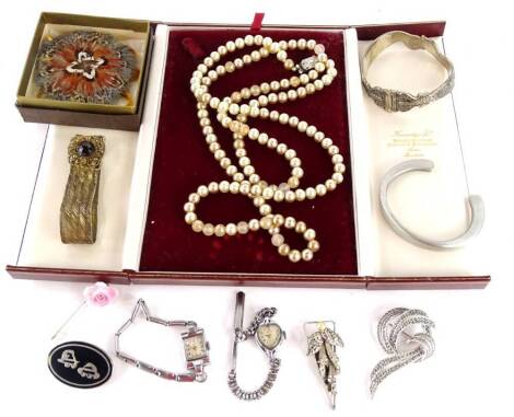 Costume jewellery, comprising faux pearl necklace, two Oris wristwatches, silver plated bangle, marcasite style brooch, floral posy pin, etc. (one tray).