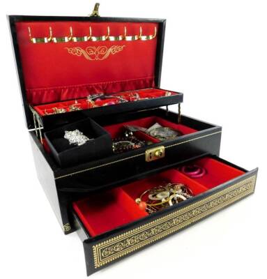 A black faux leather jewellery box and contents, comprising dress earrings, dress rings, hoop earrings, loose coinage, etc. (one box).