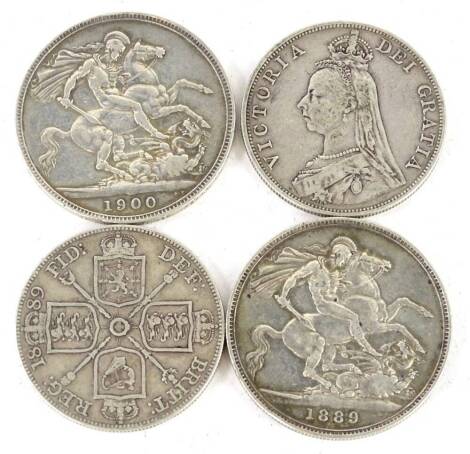 Two 1889 Victoria half crowns, an 1889 crown and an 1890 Queen Victoria crown (4).