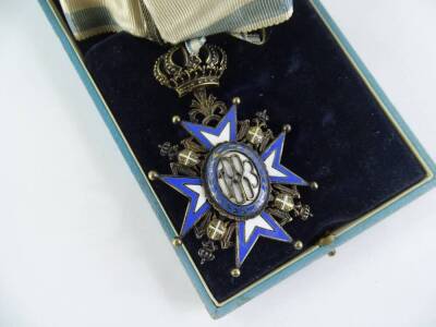 A Serbian Kingdom Order of St Sava III medal, in blue and white enamel, dated 1883, with original ribbon and box. - 3