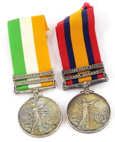 Two South Africa medals, awarded to a 671 driver J Buttery of the 17th Battery R.F.A., the Victoria medal with bars for Orange Free State and Colony and the Edward VII medal with bars for South Africa 1901 and 1902.