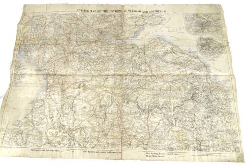 An unusual cycling fabric silk type cycling map of the Environs of Glasgow & Edinburgh, published by G W Bacon of The Strand, London.