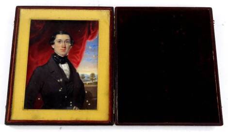 19thC School. Portrait miniature of a gentleman wearing a black jacket, with tree lined landscape to the rear, in rectangular leather folding frame, 13cm x 9cm. Provenance: The Estate of Miss Rachel Monson.