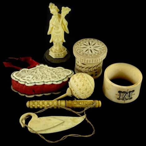 Miscellaneous items of late 19thC ivory and bone etc., to include a dressing table box, canton carved ivory pin cushion, etc. Provenance: The Estate of Miss Rachel Monson.