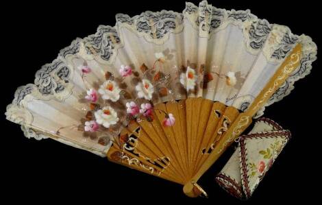 A continental fan, painted with flowers, signed Broseta and an embroidered needlework case. Provenance: The Estate of Miss Rachel Monson.