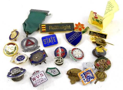 A collection of enamel metal badges, to include Student Nurses Association, British Legion, a prefect badge, AFS badge, etc.