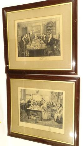 After W Dendy Sadler. The Rent Office and a banqueting scene, monochrome prints, signed by the artist, a pair, 55cm x 65cm.