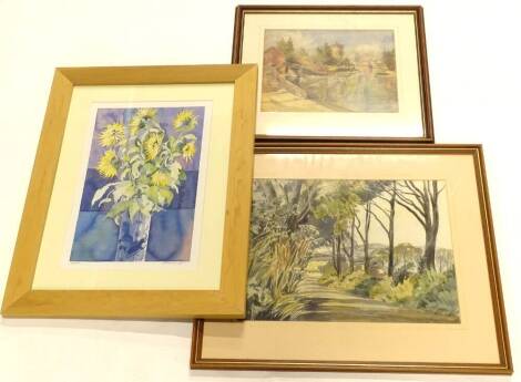 May Morton. The Water Tower Chester, watercolour, signed lower right, another watercolour, signed Judith Sykes and an artist signed print of flowers (3).