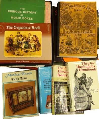 Miscellaneous books relating to musical boxes etc., to include The Curiosity of the Musical Box by Mosoriak, etc.