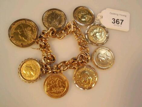 A heavy curb link bracelet with eight various coins attached in mounts