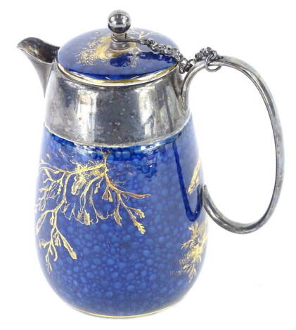 A Crescent china hot water jug, decorated with seaweed and fish in gilt on a blue ground, silver plated mounts