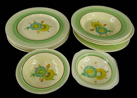 A Clarice Cliff honeyglaze pattern part dinner service, comprising various soup plates, dinner plates etc., printed marks for A.J.Wilkinson, to underside.