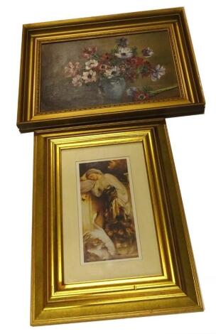 20thC School. A vase of flowers, oil on board, 29cm x 44cm and a coloured print (2).