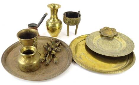 A collection of metalware, to include an oriental vase, similar plate and three handled vessels, decorative bow applique, etc.