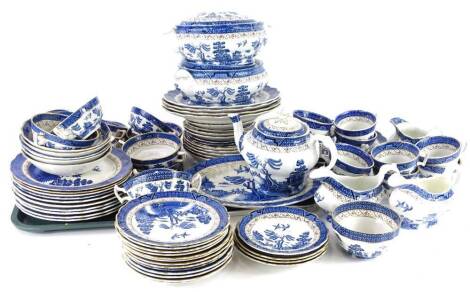 A large quantity of Booths Real Ale Old Willow pattern tea and dinnerware, to include tureens, rectangular dishes, teapot and cover, etc.