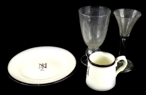 Commemorative items, to include a late monogrammed JNM, Spode imperial ceramic matching mug for 1907 and an 18thC wine glass with fold over foot. (4) Provenance: The Estate of Miss Rachel Monson.