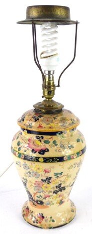 A Mason's ironstone oil lamp base, printed and painted with oriental flowers, converted to electricity, 52cm high overall. Provenance: The Estate of Miss Rachel Monson.