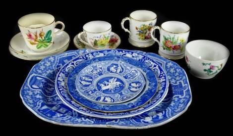 A collection of ceramics, to include an Etruscan pattern blue and white meat dish, various other pieces of blue and white pottery, porcelain mugs, each painted with sprays and with monograms, a shaving mug and saucer, etc. Provenance: The Estate of Miss R