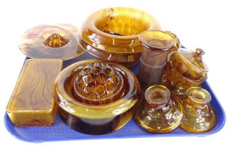 A collection of brown cloud glass, to include posy bowls, etc., possibly Davidson.