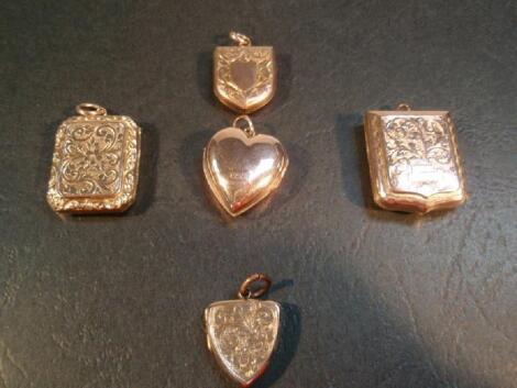 Five lockets in 9ct gold