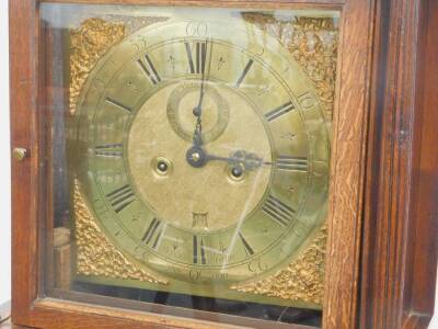 A late 18th/early 19thC longcase clock, the square brass dial with Roman numerals and with foliate pierced spandrels (12 inches), with eight day four pillar movement in an oak case, the dial signed Stephen Agselin, London, 197cm high. - 2