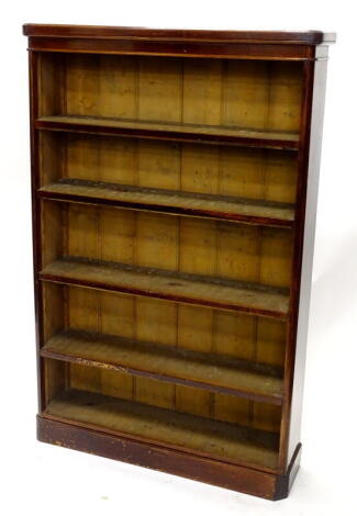 A Victorian mahogany open bookcase, the top with rounded corners above five shelves on plinth base, 153cm high, 100cm wide, 26.5cm deep.