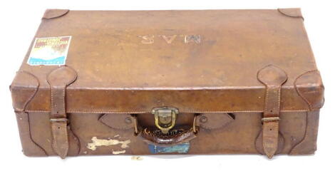 A leather suitcase, bearing initials M.A.S, paper label (AF).