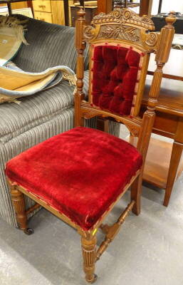 Victorian walnut side chair, upholstered in deep red velvet.