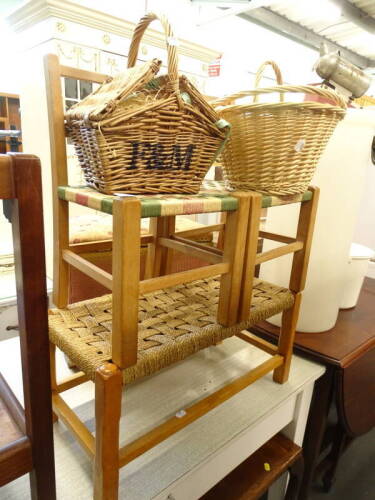 Various woven stools, a loom ottoman and two oak occasional tables, etc.