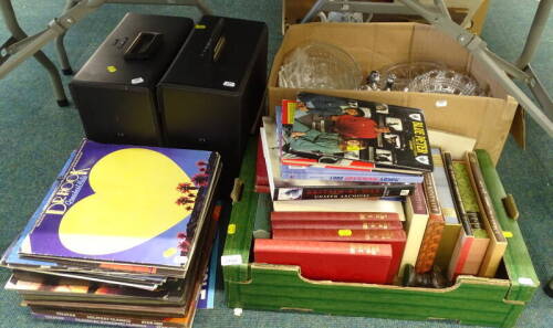 Various LP records, to include Go West, Motown, books, to include some Folio Society, to include Portrait of the City, Crime Stories from the Strand, A Month in the Country, glassware etc. (contents of under one table).