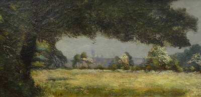 Thomas George Storey (1865-1935). Lincoln from the South West, oil on canvas, artist label verso, 30cm x 65.5cm.