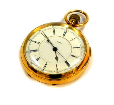 An Edward VII 18ct gold cased gentleman's pocket watch, open faced, keyless wind, circular white dial bearing Roman numerals centre seconds, number 36307, Chester 1903, 126.7g.