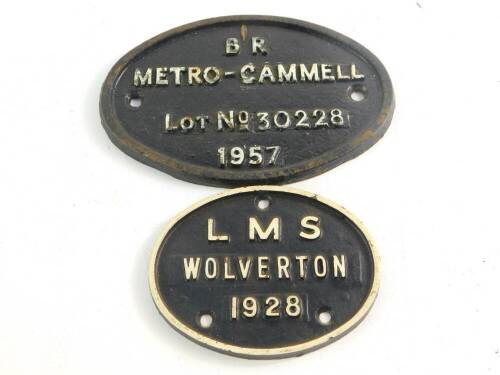 Two cast iron railway plates, white painted high relief, 'BR Metro-Cammell, Lot No 30228, 1957'., 17.5cm wide, and 'LMS Wolverton 1928'., 12.5cm diameter.