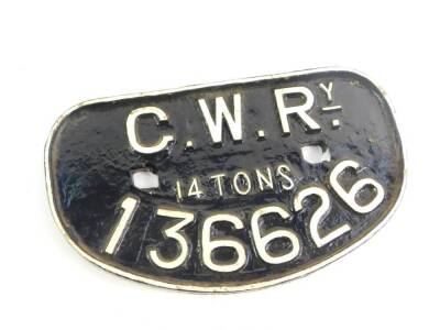 A cast iron wagon plate, white painted high relief, 'GWRy, 14 tonnes, 136626'., 28cm wide.