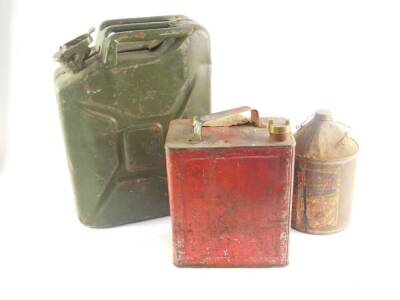 A military jerry can, olive green, dated 1966, red petroleum spirit can, and a Carr's Paints Ltd tin. (3)