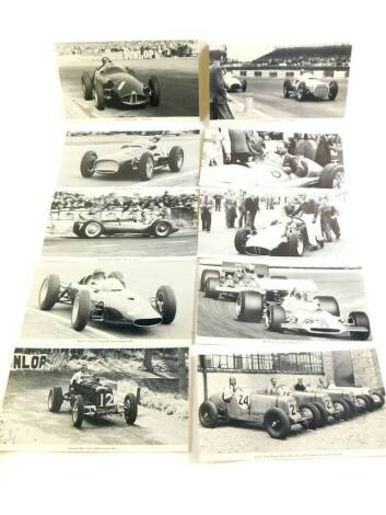 Ten BRM and ERA black and white photo cards, showing Raymond Mays, Graham Hill and others.