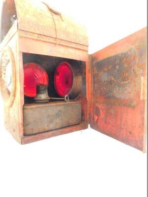 A vintage 1960's red Geopi paraffin road and rail safety lamp, together with a black British Rail lantern. (2) - 5