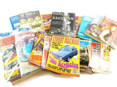 Haynes and other service repair manuals, for Ford cars, together with American Street Machine Magazine, Zodiac Bikers Book 2000, etc. (1 box)