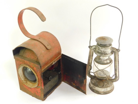 An LBB railway hand lamp, together with a hurricane lamp. (2)