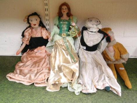 Two rag dolls, a Chad Valley rag doll and a modern bisque type costume doll