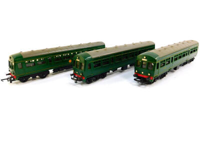 Three Hornby Triang OO gauge coaches, British rail green livery, incorrectly boxed. (3)