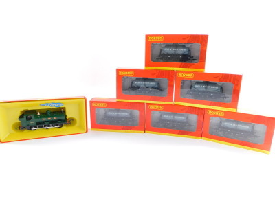 A Hornby OO gauge GWR tank locomotive, with smoke, 0-6-0, 8751, R51S, together with six Alpin & Barrett Limited six wheel milk tank wagons, R6377, all boxed. (7)