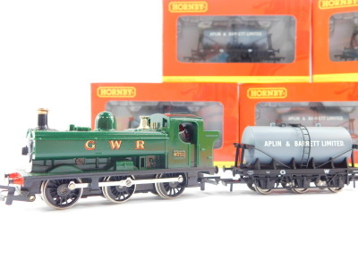 A Hornby OO gauge GWR tank locomotive, with smoke, 0-6-0, 8751, R51S, together with six Alpin & Barrett Limited six wheel milk tank wagons, R6377, all boxed. (7) - 4