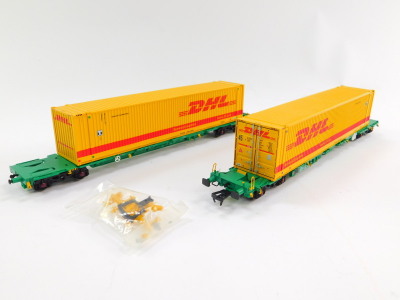 A Bachmann OO gauge Inter Model bogie wagon, C/W 45ft container 'DHL' x2, 307-305, boxed. - 3