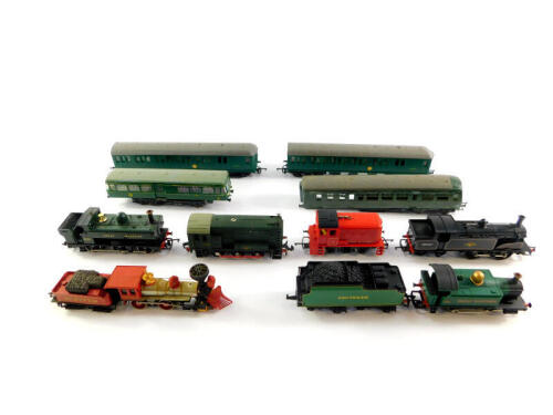 A Bachmann OO gauge American Central Pacific locomotive 'Jupiter', 4-4-0, Hornby and Tri-ang steam and diesel locomotives and four coaches. (a quantity)