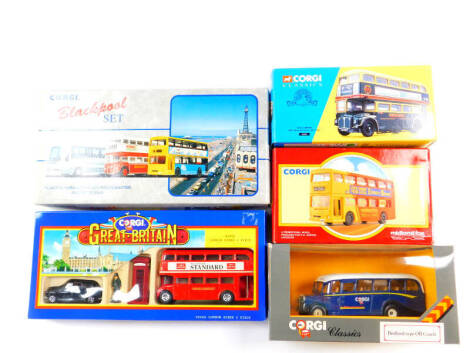 A Corgi die cast Shillibeer AEC Routemaster bus set., The Blackpool bus set., Midland Fox., Great Britain London Scene two piece set., and a Bedford OB coach, all boxed. (5)