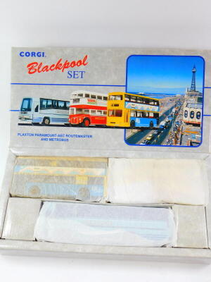 A Corgi die cast Shillibeer AEC Routemaster bus set., The Blackpool bus set., Midland Fox., Great Britain London Scene two piece set., and a Bedford OB coach, all boxed. (5) - 2