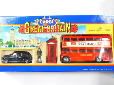 A Corgi die cast Shillibeer AEC Routemaster bus set., The Blackpool bus set., Midland Fox., Great Britain London Scene two piece set., and a Bedford OB coach, all boxed. (5) - 4