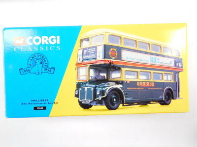 A Corgi die cast Shillibeer AEC Routemaster bus set., The Blackpool bus set., Midland Fox., Great Britain London Scene two piece set., and a Bedford OB coach, all boxed. (5) - 6