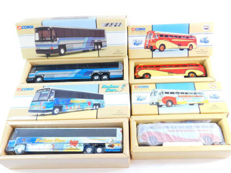 A Corgi die cast demonstration bus, MCI-102 DL3., Peter Pan Birthday bus., Burlington Trailways yellow coach 743, and a Chapman yellow coach 743, all boxed. (4)